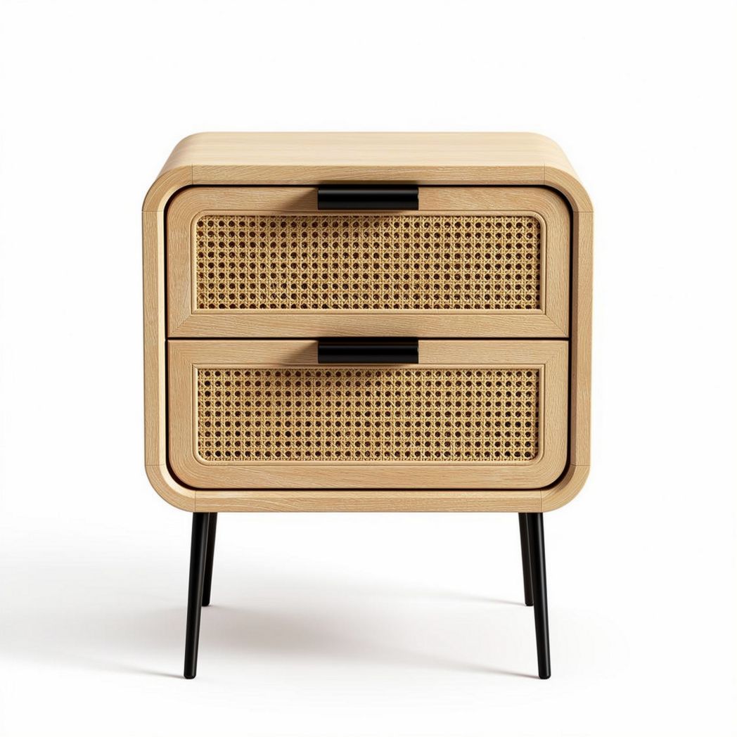 Wooden nightstand with rattan drawer fronts and metal legs 50 x 40 x 50cm
