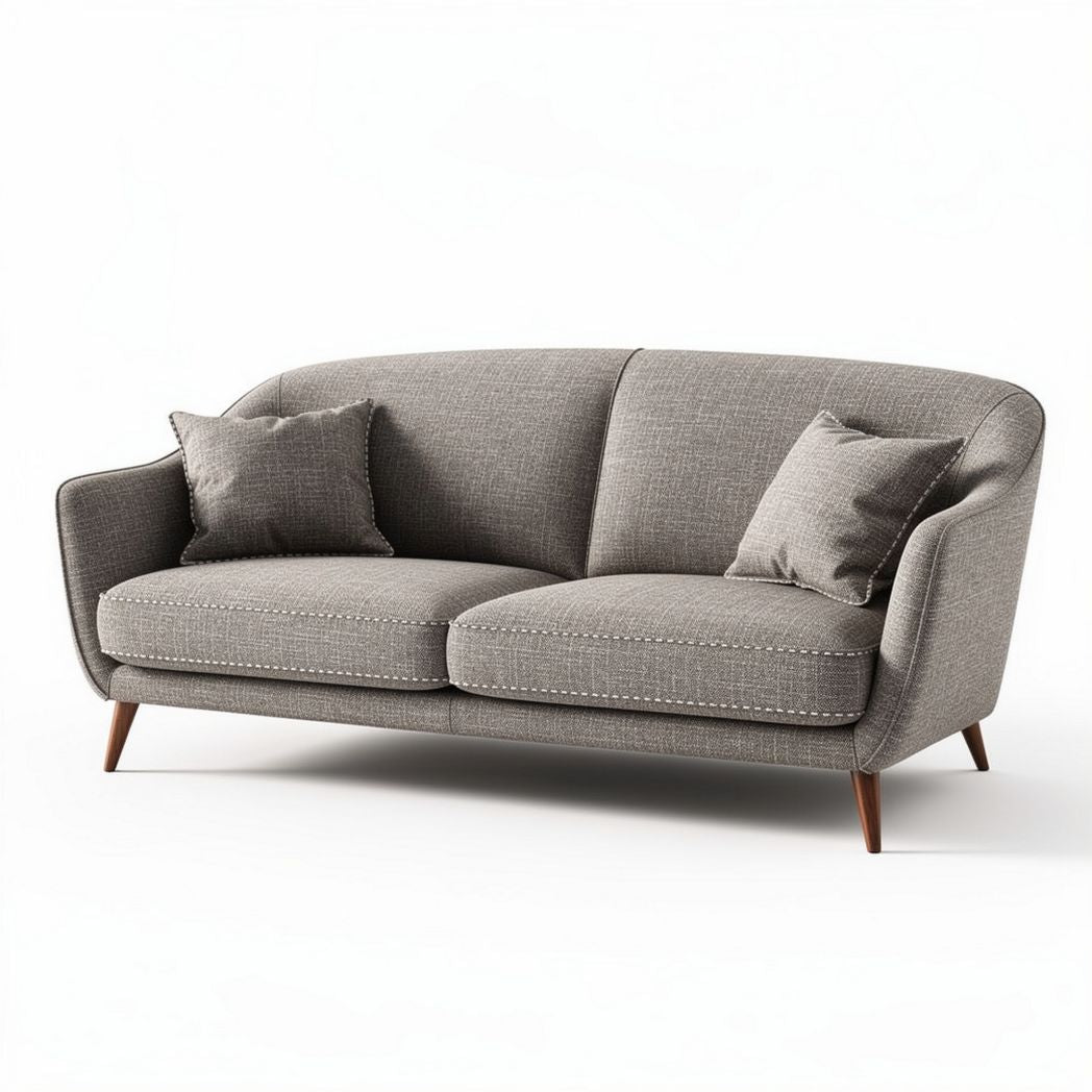 Two-seater sofa in gray fabric with wooden legs and two matching cushions