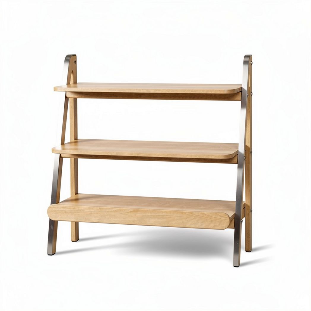 Wooden ladder shelf with three tiers and metal frame 80 x 30 x 90cm