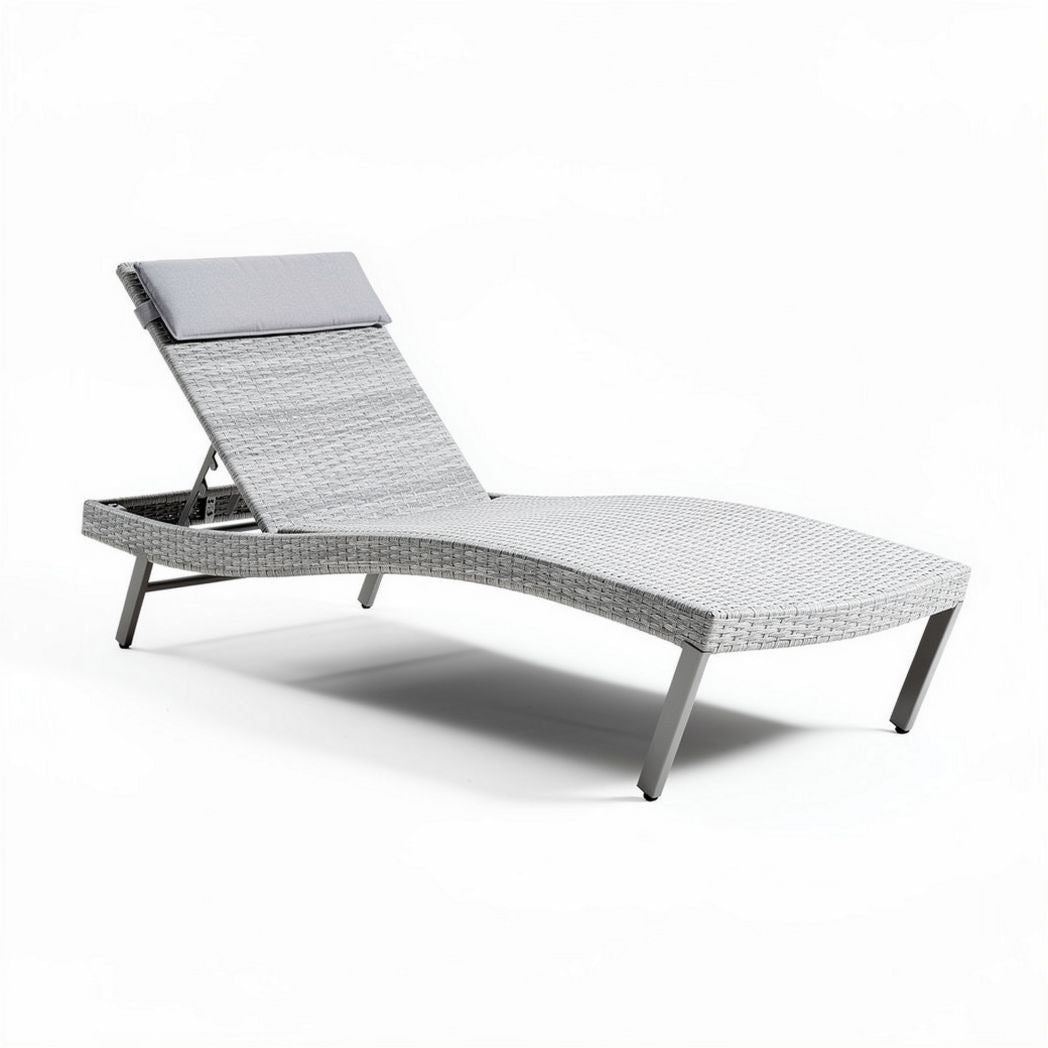 Woven outdoor lounge chair in gray with adjustable backrest and aluminum frame