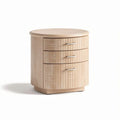Round bedside table with three drawers in natural wood finish 40 x 40 x 50cm