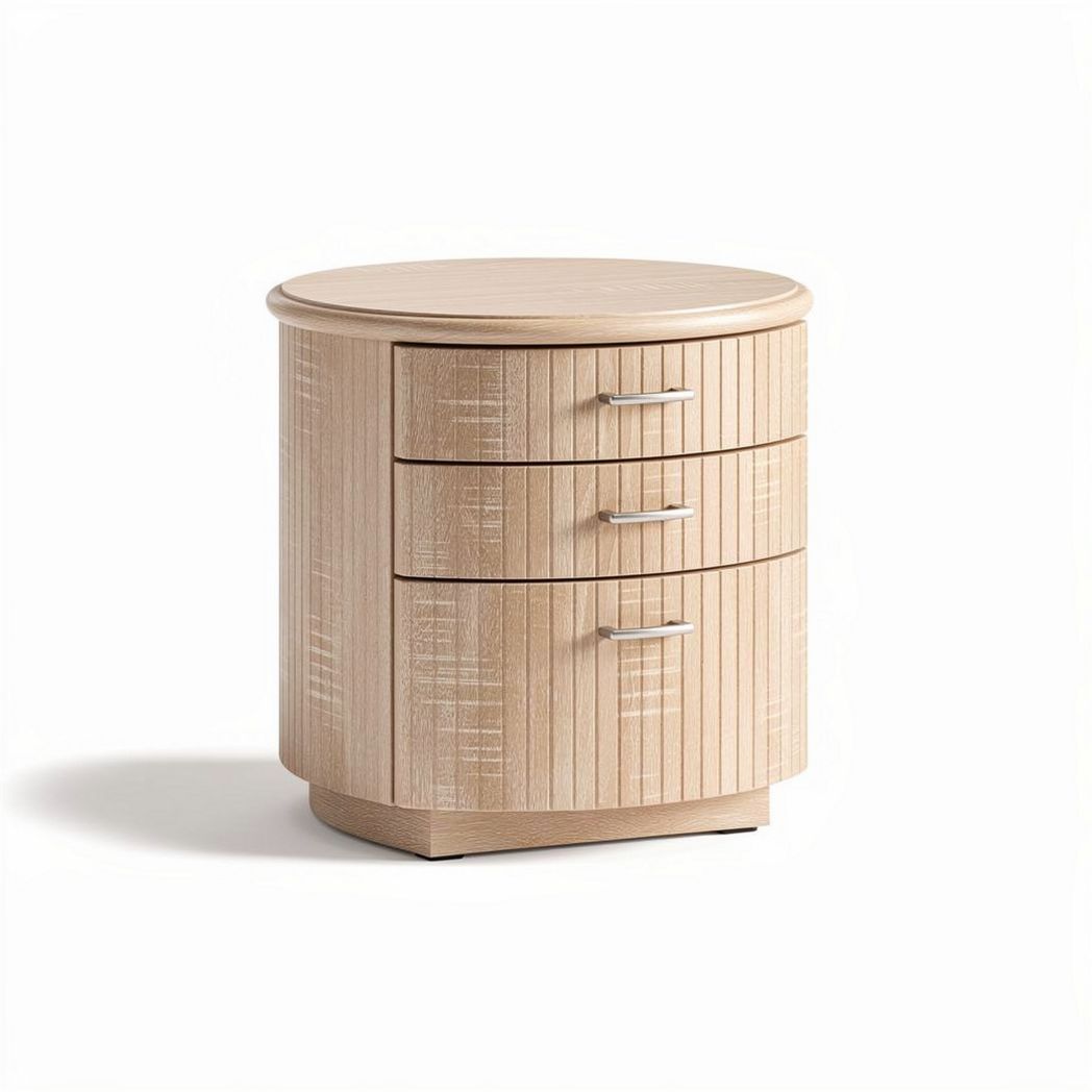 Round bedside table with three drawers in natural wood finish 40 x 40 x 50cm