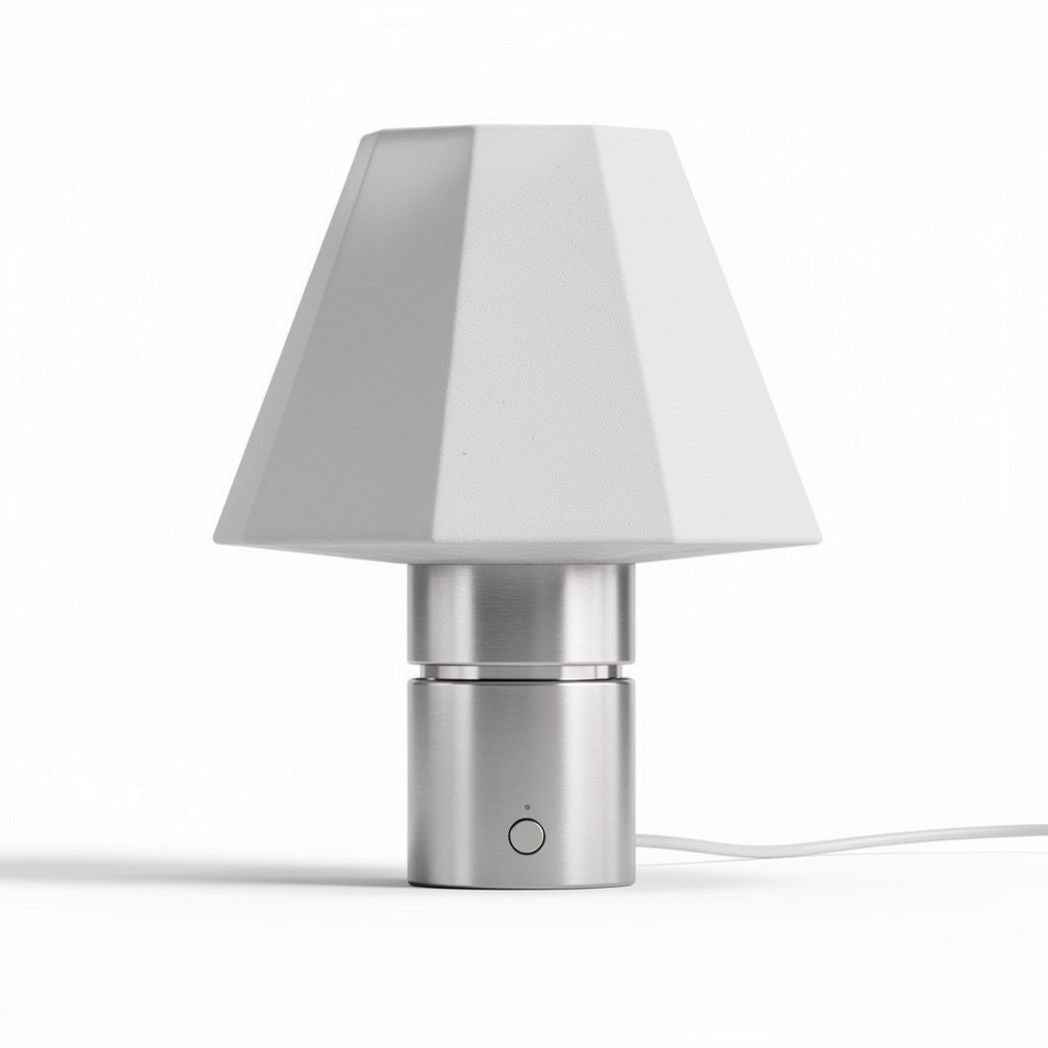 Table lamp with geometric white shade and stainless steel base 20 x 20 x 35cm