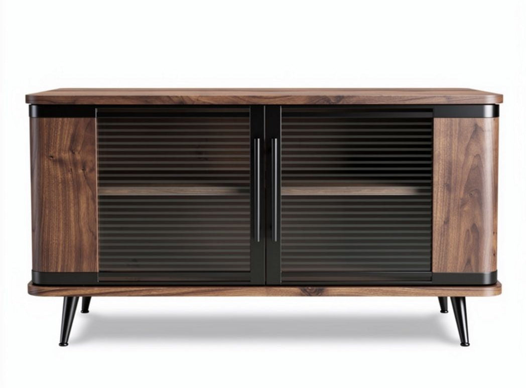 Wooden media console with sliding doors and black accents 60 x 16 x 30 inches