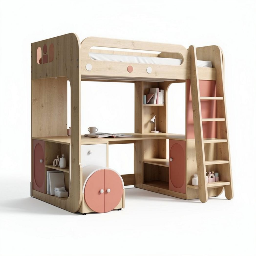Wooden loft bed with study desk storage and pink accents 200 x 100 x 160cm