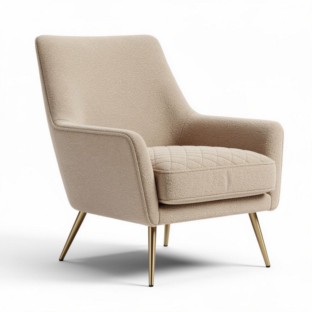 Lounge chair in beige fabric with gold metal legs measuring 80 x 75 x 85cm